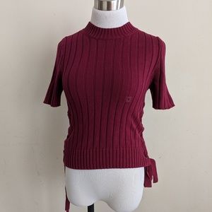 Express Wine Short Sleeve Side Tie Sweater